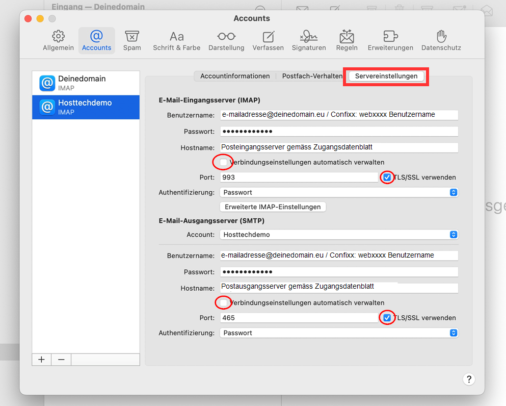 Apple Mail configuration:
Remove the tick under "Incoming e-mail server (IMAP)" under "Manage connection settings automatically
Enter 993 or whatever is on your access data sheet for the port. Check the box next to "Use TLS/SSL"
Click on "Advanced IMAP settings" and check that "IMAP path prefix" is set to INBOX

Remove the tick under "Outgoing e-mail server (SMTP)" at "Manage connection settings automatically
Enter port 465 or whatever is on your access data sheet. Check the box next to "Use TLS/SSL"