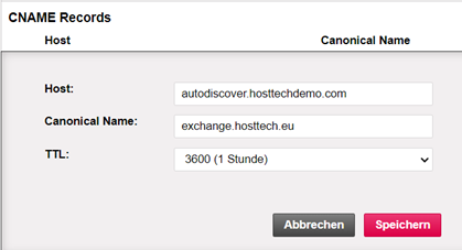 CNAME example with hosted Exchange account. Two are required here, see FAQ.