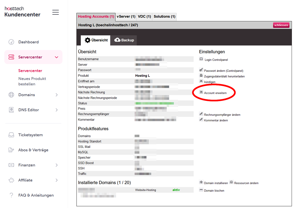 Log in to your myhosttech.eu Customer Center.
On the left, select Server Center > Server Center > Settings > Upgrade Account.