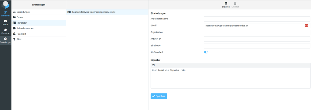 1. log in to webmail at webmail.deinedomain.eu (replace deinedomain.eu with the actual one).
2. click on "Settings" on the left.
3. now select "Identities" and click on your e-mail address.
4. now you can create a signature which is only valid for webmail. Create the desired text and click on "Save" at the end. 