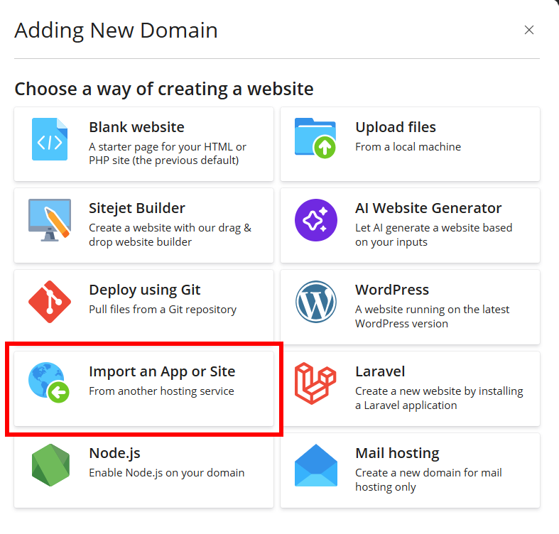 Add Domain and select Import to App or Site.