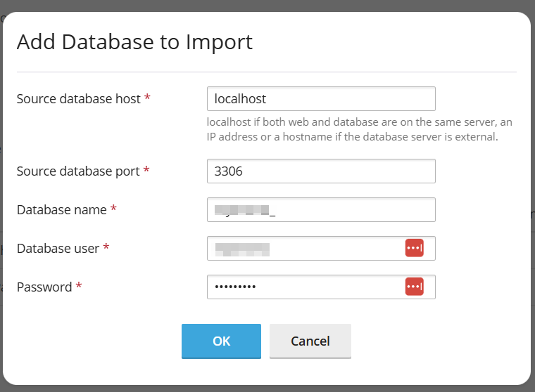 Add database to import. Enter the database details. 